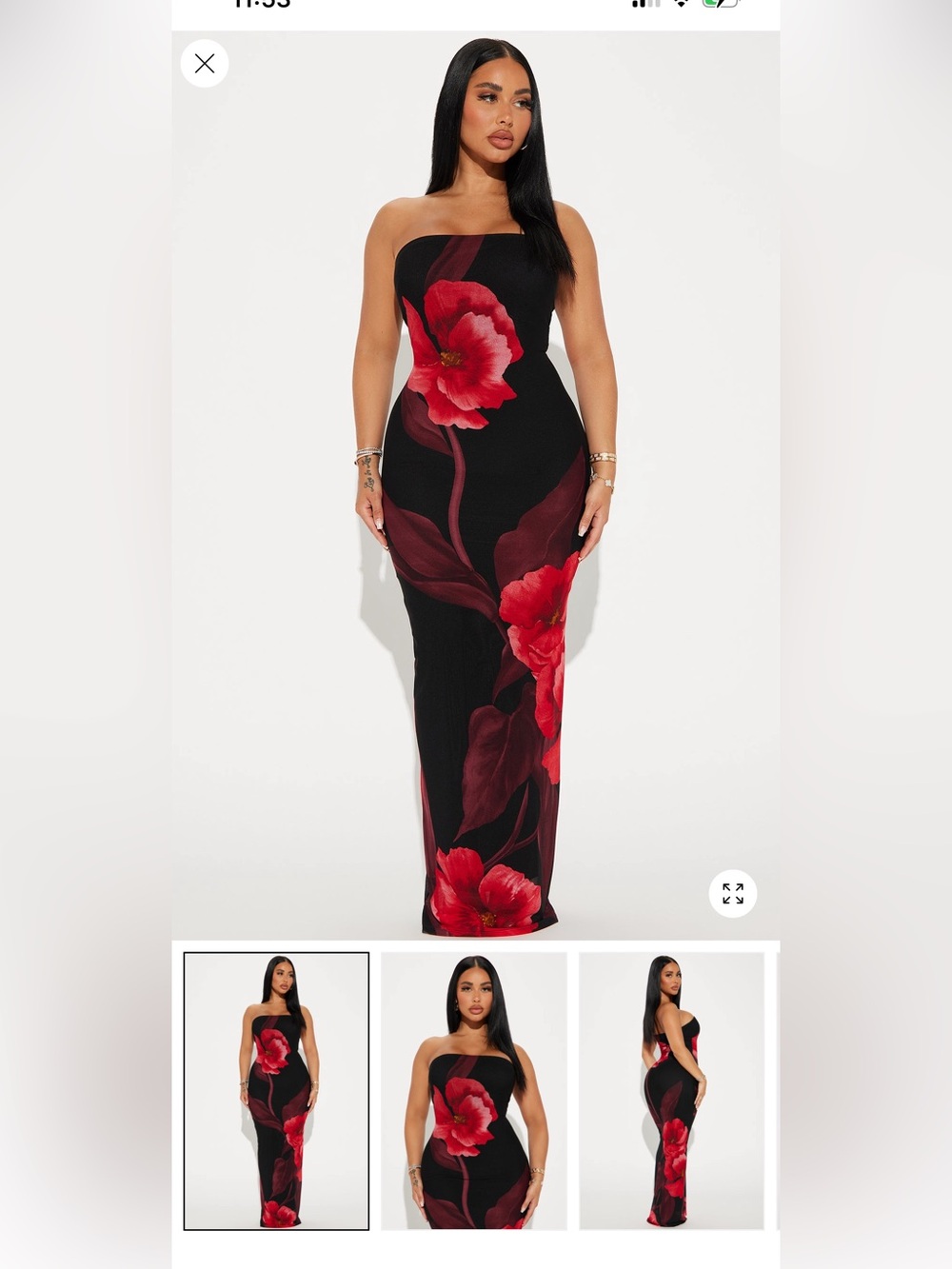 Fashion Nova Black Strapless Maxi Dress with Red Floral Print